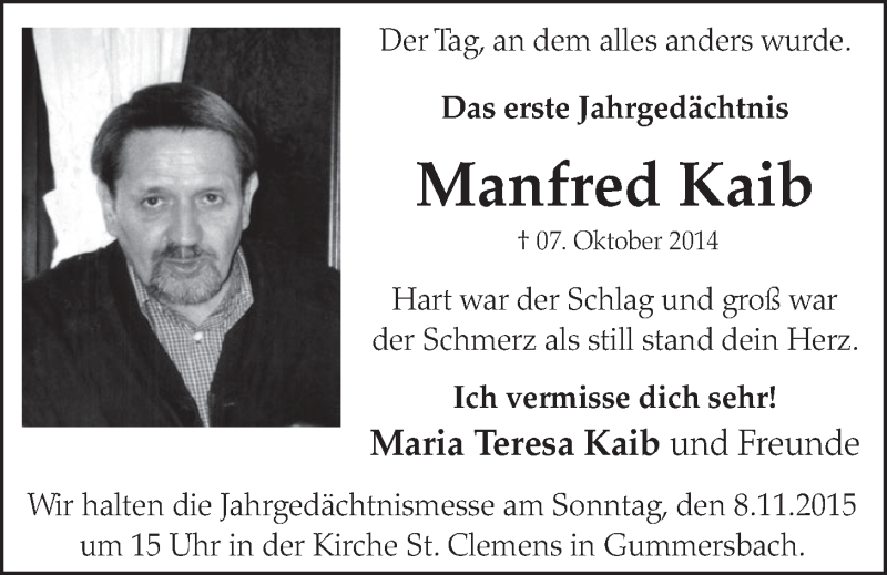  Traueranzeige für Manfred Kaib vom 07.10.2015 aus  Schlossbote/Werbekurier 