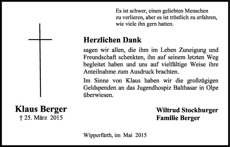  Traueranzeige für Klaus Berger vom 09.05.2015 aus Kölner Stadt-Anzeiger / Kölnische Rundschau / Express