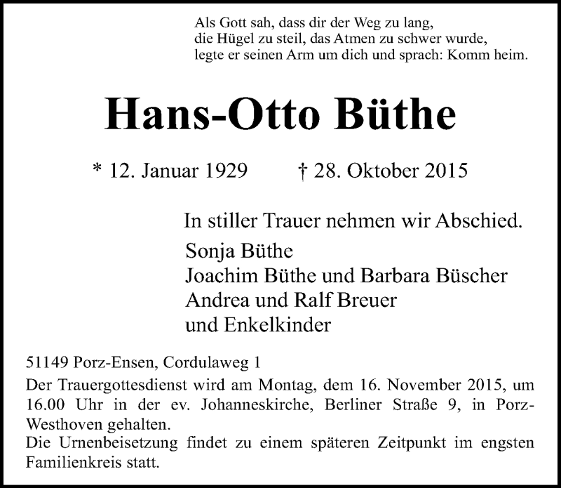  Traueranzeige für Hans-Otto Büthe vom 11.11.2015 aus  Kölner Wochenspiegel 