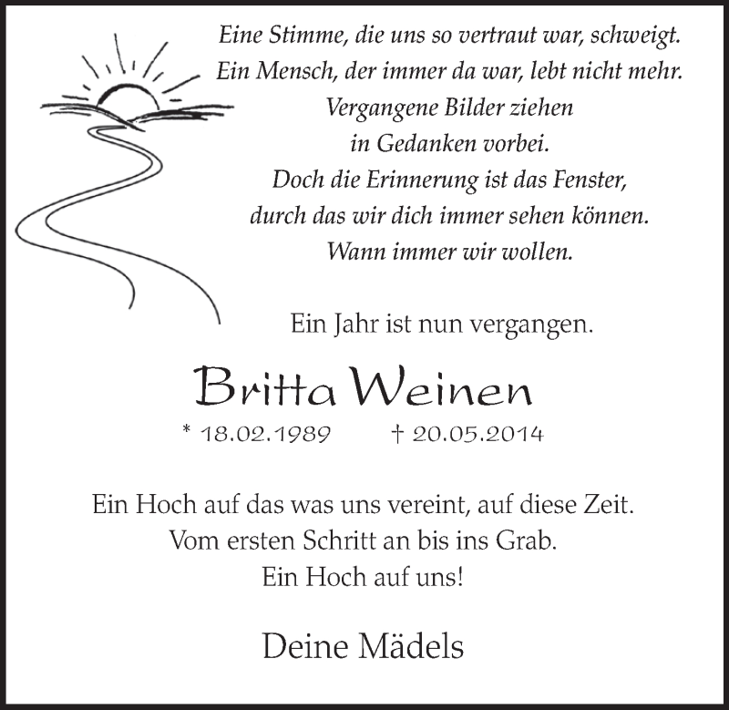  Traueranzeige für Britta Weinen vom 20.05.2015 aus  Schlossbote/Werbekurier 