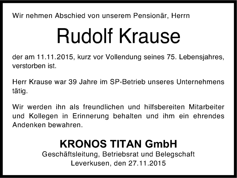  Traueranzeige für Rudolf Krause vom 27.11.2015 aus Kölner Stadt-Anzeiger / Kölnische Rundschau / Express
