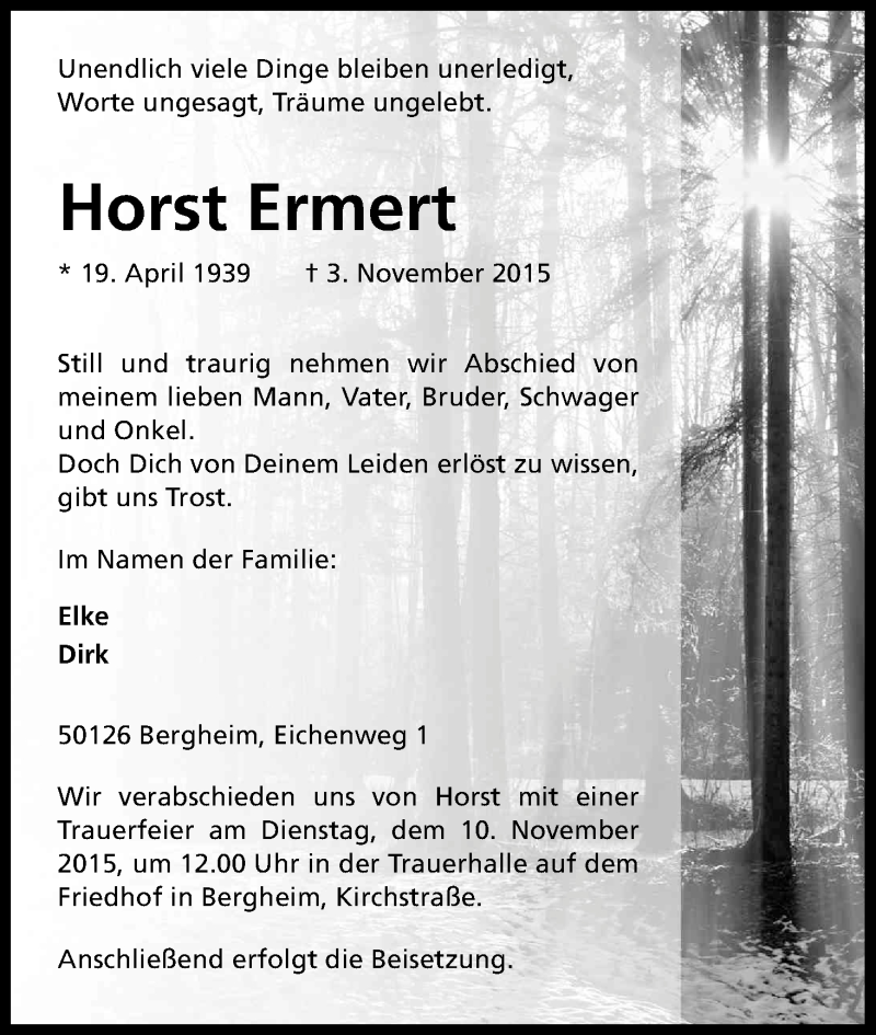  Traueranzeige für Horst Ermert vom 06.11.2015 aus Kölner Stadt-Anzeiger / Kölnische Rundschau / Express