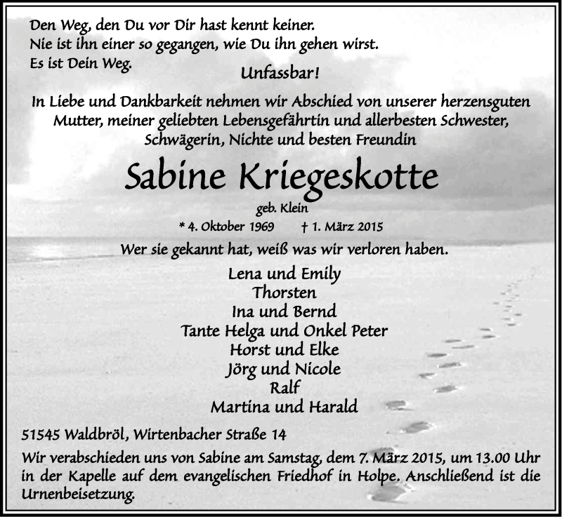  Traueranzeige für Sabine Kriegeskotte vom 04.03.2015 aus Kölner Stadt-Anzeiger / Kölnische Rundschau / Express