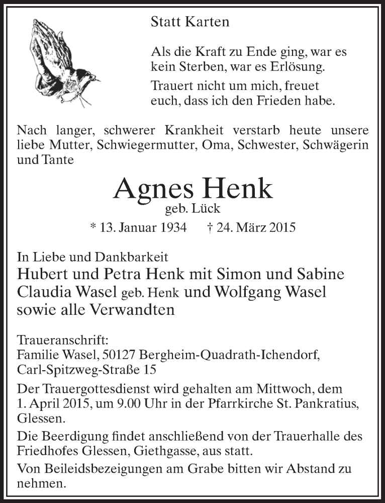  Traueranzeige für Agnes Henk vom 28.03.2015 aus  Sonntags-Post 