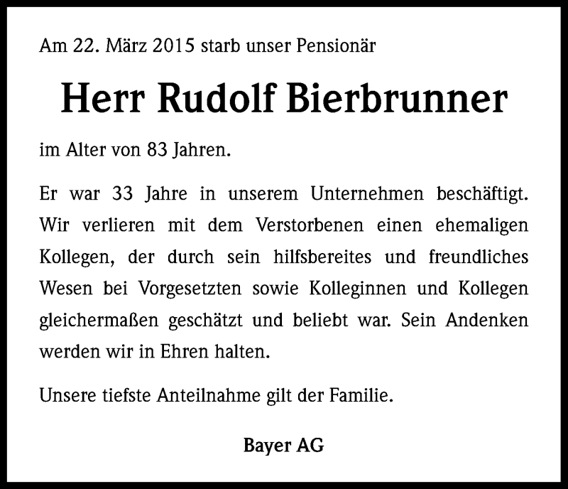  Traueranzeige für Rudolf Bierbrunner vom 30.03.2015 aus Kölner Stadt-Anzeiger / Kölnische Rundschau / Express