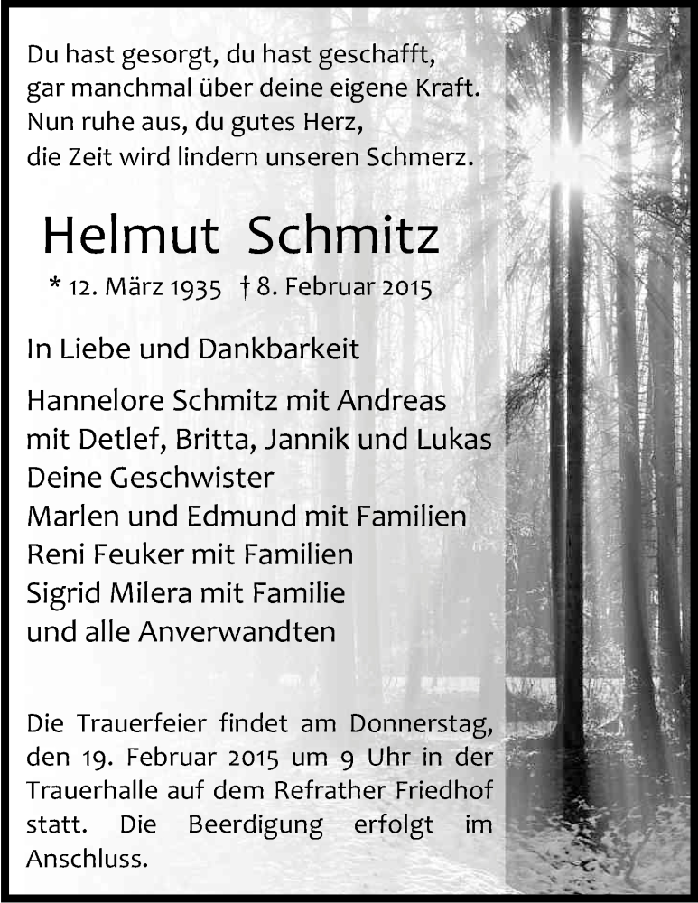  Traueranzeige für Helmut Schmitz vom 14.02.2015 aus Kölner Stadt-Anzeiger / Kölnische Rundschau / Express