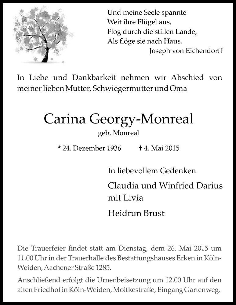  Traueranzeige für Carina Georgy-Monreal vom 16.05.2015 aus Kölner Stadt-Anzeiger / Kölnische Rundschau / Express