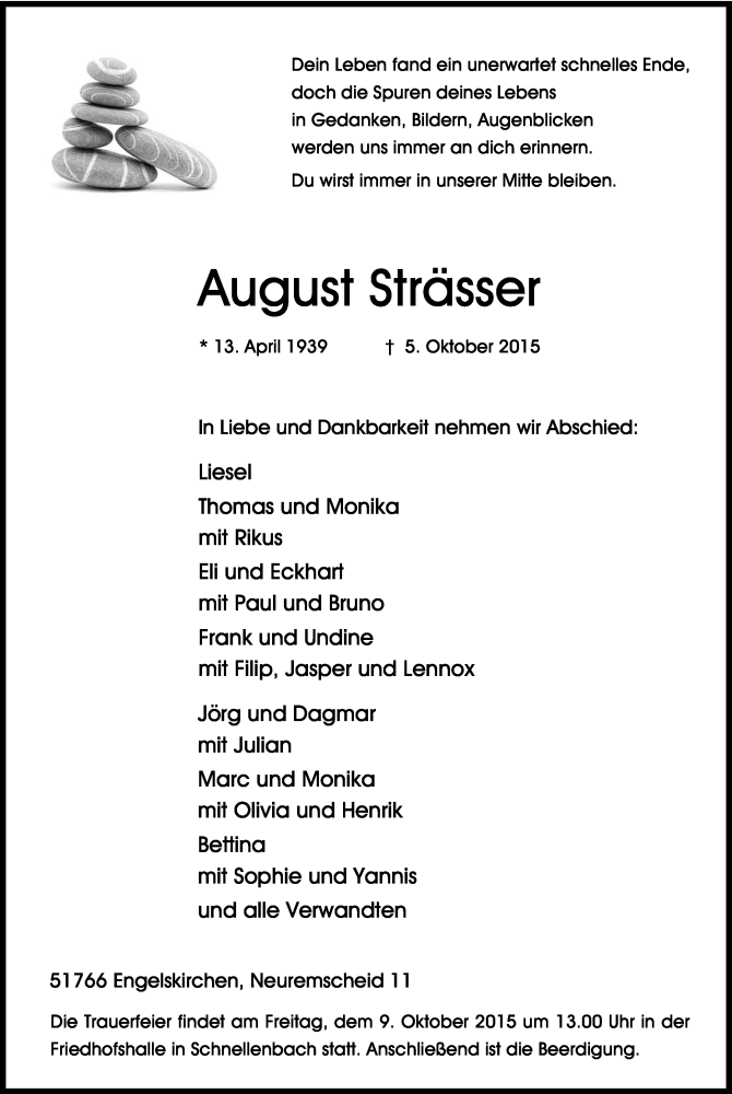  Traueranzeige für August Strässer vom 07.10.2015 aus Kölner Stadt-Anzeiger / Kölnische Rundschau / Express