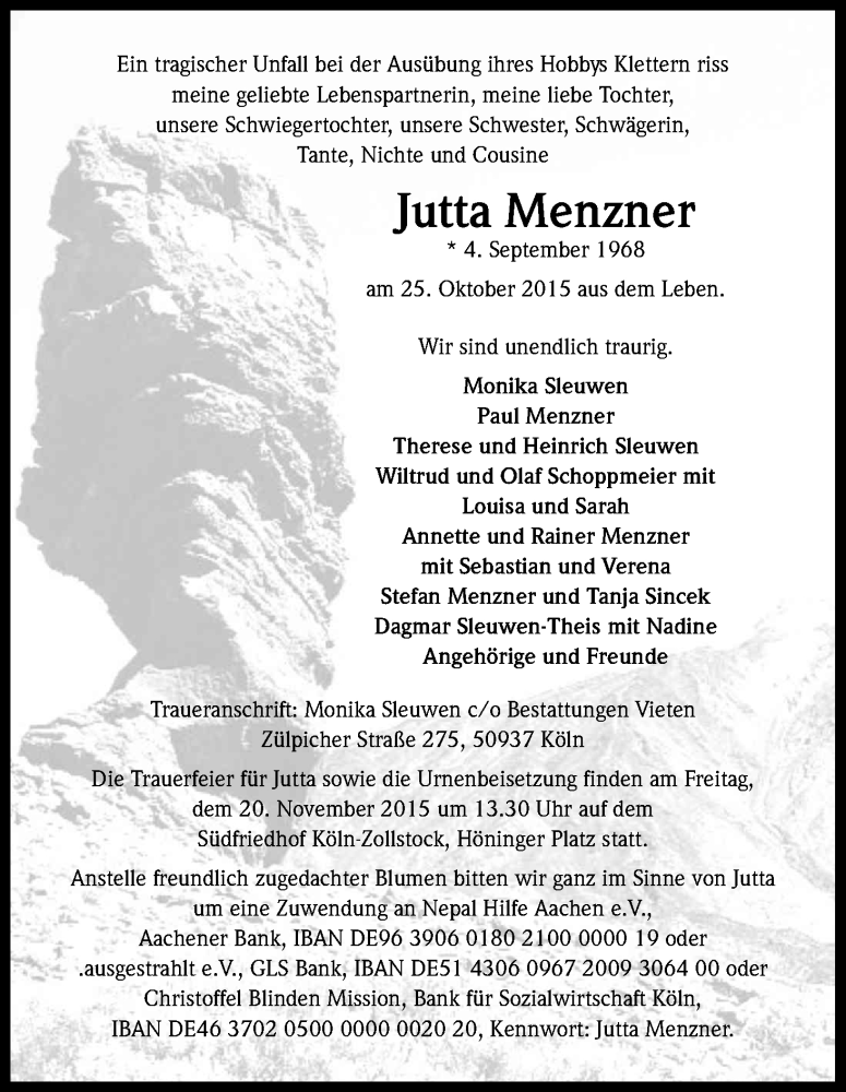  Traueranzeige für Jutta Menzner vom 07.11.2015 aus Kölner Stadt-Anzeiger / Kölnische Rundschau / Express