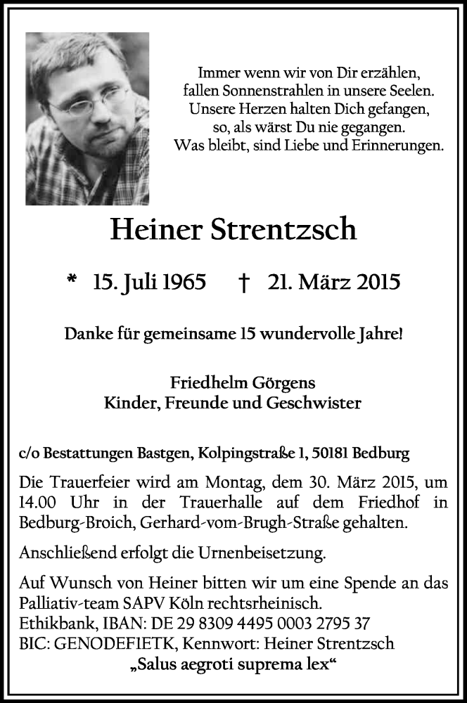  Traueranzeige für Heiner Strentzsch vom 28.03.2015 aus Kölner Stadt-Anzeiger / Kölnische Rundschau / Express