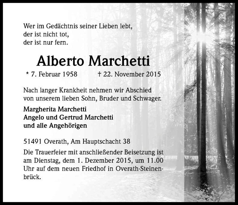  Traueranzeige für Alberto Marchetti vom 26.11.2015 aus Kölner Stadt-Anzeiger / Kölnische Rundschau / Express