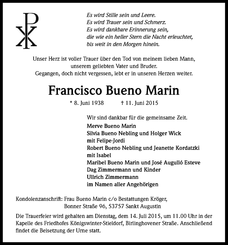  Traueranzeige für Francisco Bueno Marin vom 04.07.2015 aus Kölner Stadt-Anzeiger / Kölnische Rundschau / Express