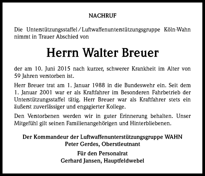  Traueranzeige für Walter Breuer vom 02.07.2015 aus Kölner Stadt-Anzeiger / Kölnische Rundschau / Express