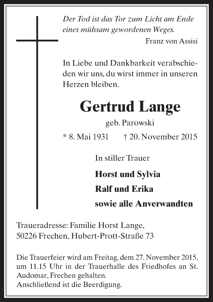  Traueranzeige für Gertrud Lange vom 25.11.2015 aus  Wochenende 