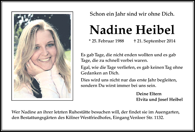  Traueranzeige für Nadine Heibel vom 21.09.2015 aus Kölner Stadt-Anzeiger / Kölnische Rundschau / Express