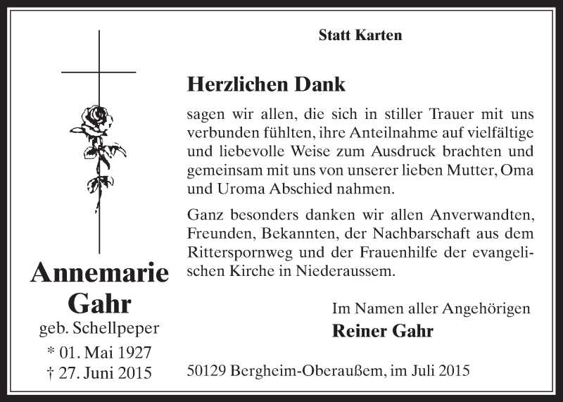  Traueranzeige für Annemarie Gahr vom 29.07.2015 aus  Werbepost 