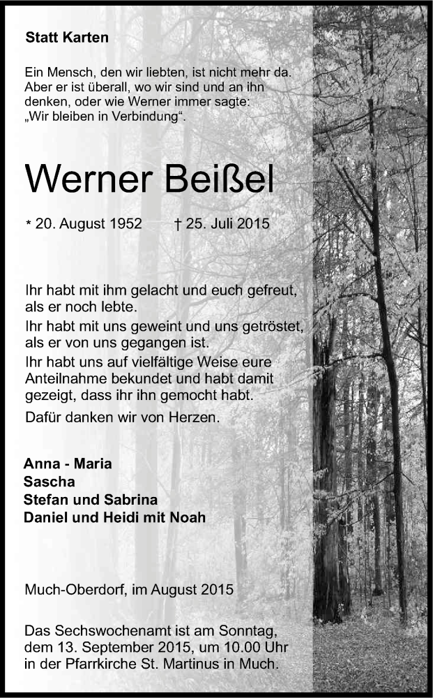  Traueranzeige für Werner Beißel vom 28.08.2015 aus Kölner Stadt-Anzeiger / Kölnische Rundschau / Express