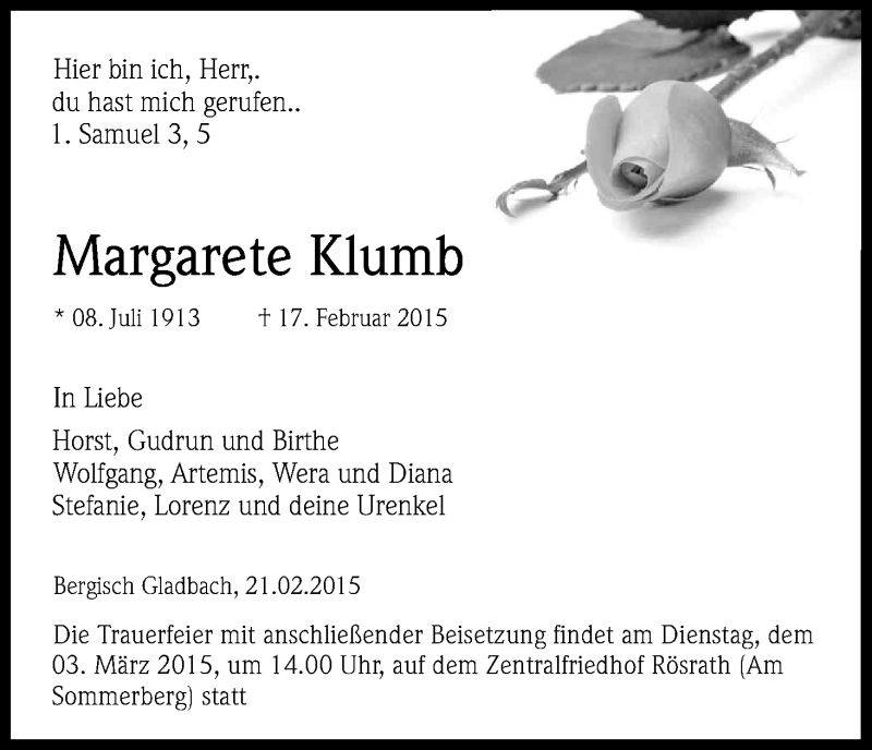  Traueranzeige für Margarete Klumb vom 25.02.2015 aus Kölner Stadt-Anzeiger / Kölnische Rundschau / Express