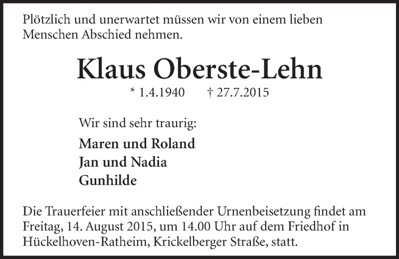  Traueranzeige für Klaus Oberste-Lehn vom 05.08.2015 aus  Schlossbote/Werbekurier 