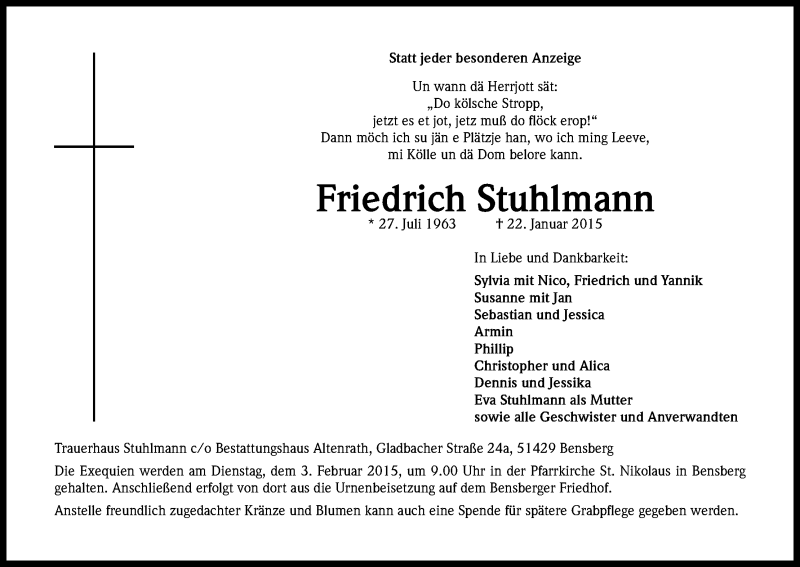  Traueranzeige für Friedrich Stuhlmann vom 29.01.2015 aus Kölner Stadt-Anzeiger / Kölnische Rundschau / Express