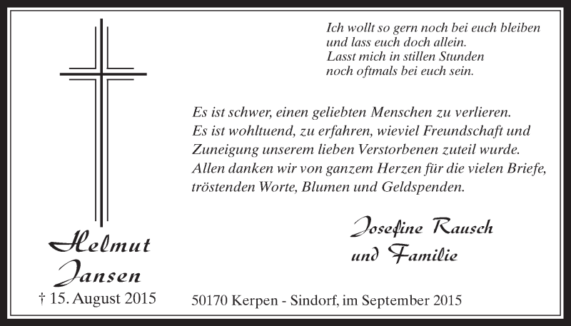  Traueranzeige für Helmut Jansen vom 23.09.2015 aus  Werbepost 