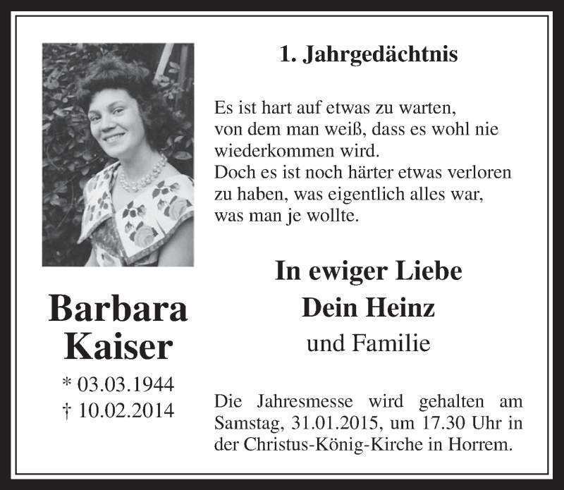  Traueranzeige für Barbara Kaiser vom 28.01.2015 aus  Werbepost 