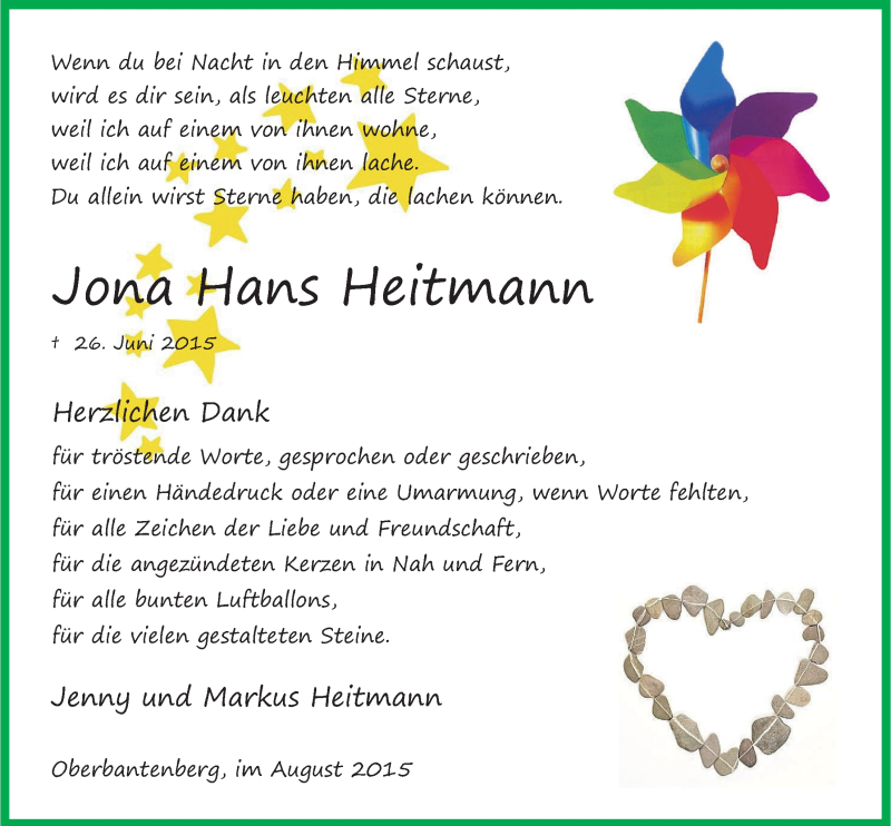  Traueranzeige für Jona Hans Heitmann vom 19.08.2015 aus  Anzeigen Echo 