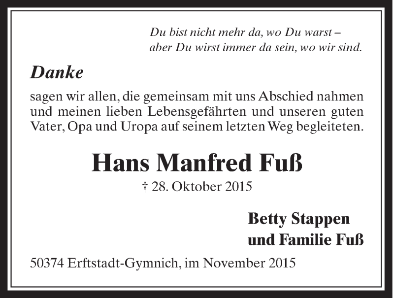  Traueranzeige für Hans Manfred Fuß vom 25.11.2015 aus  Schlossbote/Werbekurier  Werbepost 