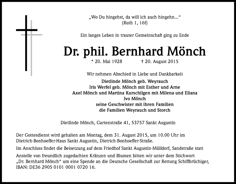  Traueranzeige für Bernhard Mönch vom 27.08.2015 aus Kölner Stadt-Anzeiger / Kölnische Rundschau / Express