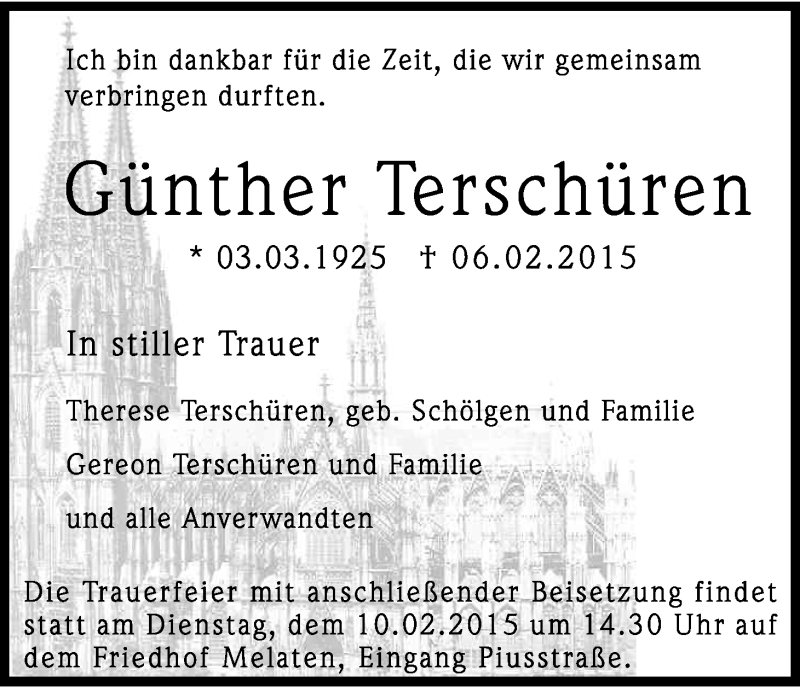  Traueranzeige für Günther Terschüren vom 09.02.2015 aus Kölner Stadt-Anzeiger / Kölnische Rundschau / Express