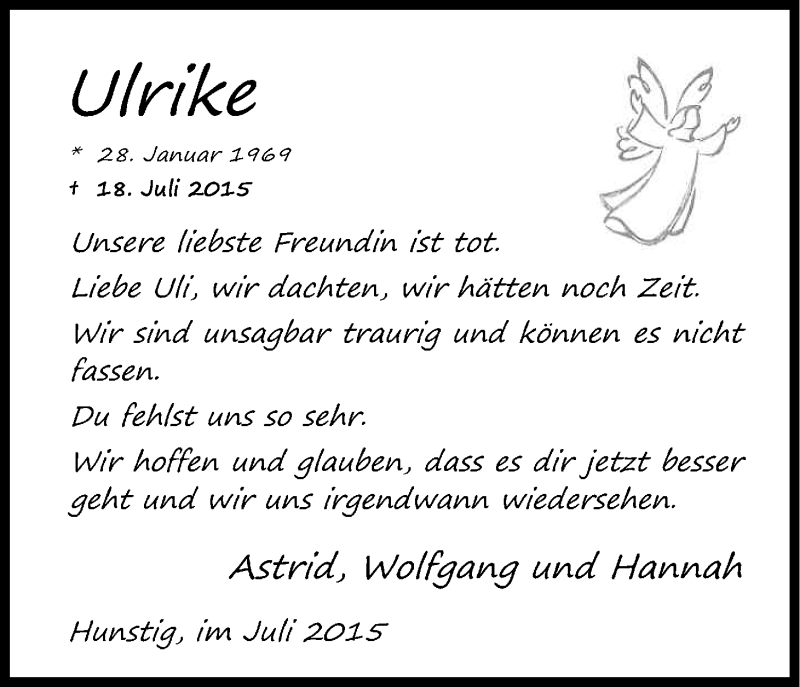  Traueranzeige für Ulrike Kolbe vom 22.07.2015 aus Kölner Stadt-Anzeiger / Kölnische Rundschau / Express
