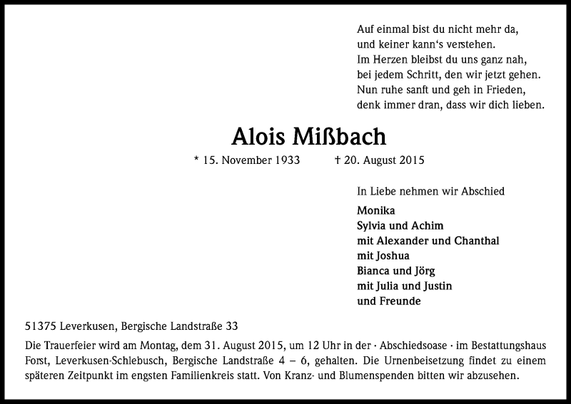  Traueranzeige für Alois Mißbach vom 27.08.2015 aus Kölner Stadt-Anzeiger / Kölnische Rundschau / Express