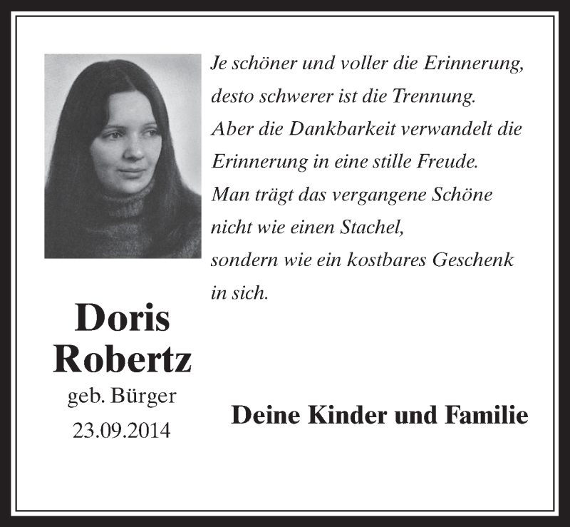  Traueranzeige für Doris Robertz vom 23.09.2015 aus  Wochenende 