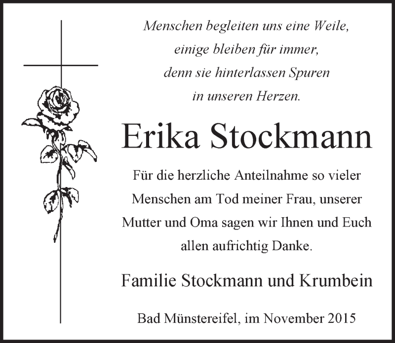  Traueranzeige für Erika Stockmann vom 29.11.2015 aus  Blickpunkt Euskirchen 