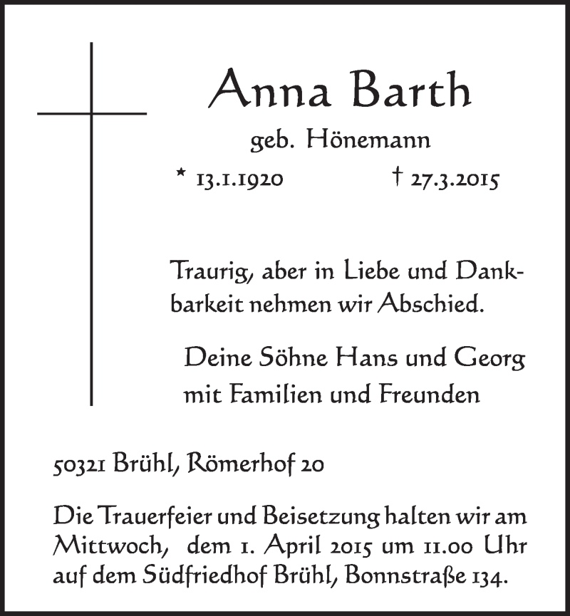  Traueranzeige für Anna Barth vom 01.04.2015 aus  Schlossbote/Werbekurier 