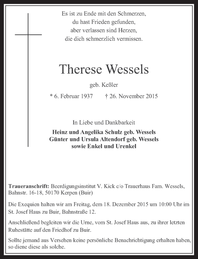  Traueranzeige für Therese Wessels vom 09.12.2015 aus  Wochenende 