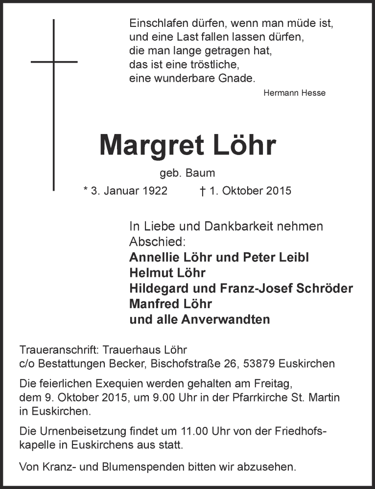  Traueranzeige für Margret Löhr vom 04.10.2015 aus  Blickpunkt Euskirchen 
