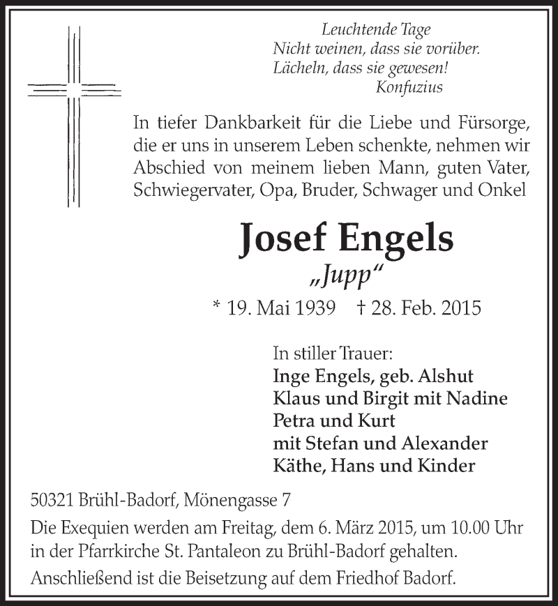  Traueranzeige für Josef Engels vom 04.03.2015 aus  Schlossbote/Werbekurier 