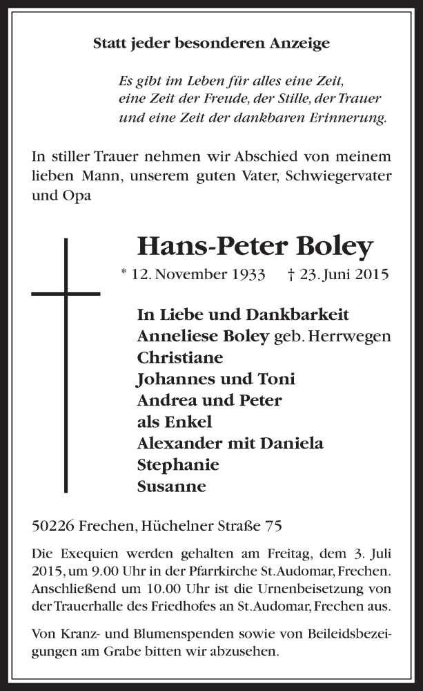  Traueranzeige für Hans-Peter Boley vom 01.07.2015 aus  Wochenende 