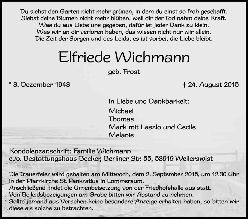 Traueranzeige für Elfriede Wichmann vom 29.08.2015 aus Kölner Stadt-Anzeiger / Kölnische Rundschau / Express