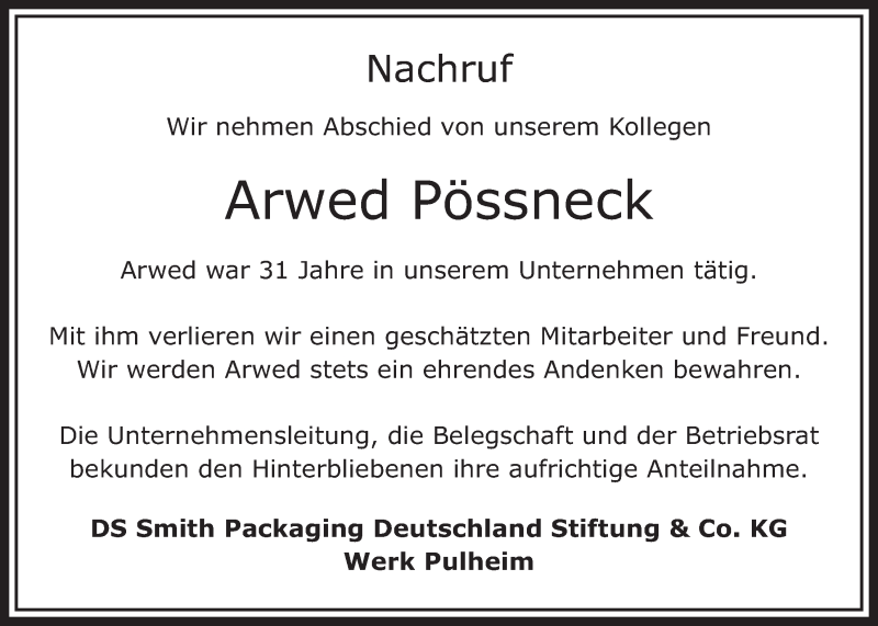  Traueranzeige für Arwed Pössneck vom 28.03.2015 aus  Sonntags-Post 