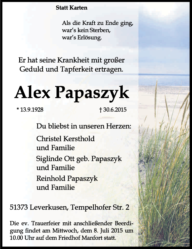  Traueranzeige für Alex Papaszyk vom 04.07.2015 aus Kölner Stadt-Anzeiger / Kölnische Rundschau / Express