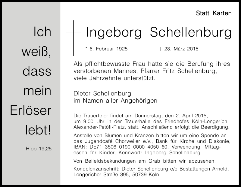  Traueranzeige für Ingeborg Schellenburg vom 31.03.2015 aus Kölner Stadt-Anzeiger / Kölnische Rundschau / Express