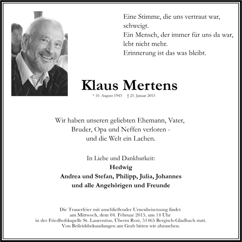  Traueranzeige für Klaus Mertens vom 31.01.2015 aus  Bergisches Sonntagsblatt 