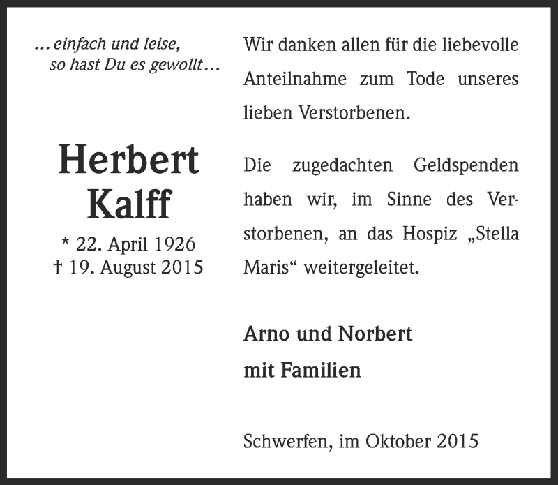  Traueranzeige für Herbert Kalff vom 04.10.2015 aus  Blickpunkt Euskirchen 