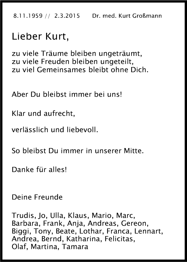  Traueranzeige für Kurt Großmann vom 05.03.2015 aus Kölner Stadt-Anzeiger / Kölnische Rundschau / Express