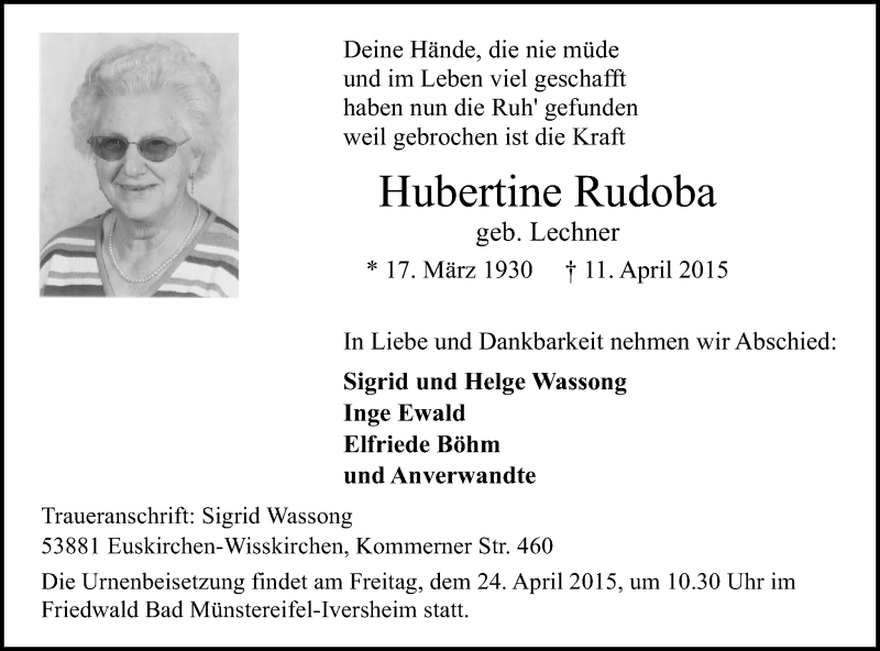  Traueranzeige für Hubertine Ruboba vom 19.04.2015 aus  Blickpunkt Euskirchen 