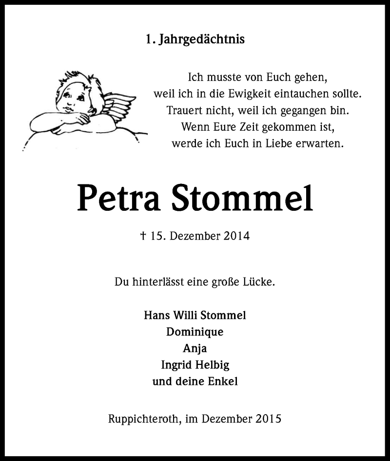  Traueranzeige für Petra Stommel vom 15.12.2015 aus Kölner Stadt-Anzeiger / Kölnische Rundschau / Express