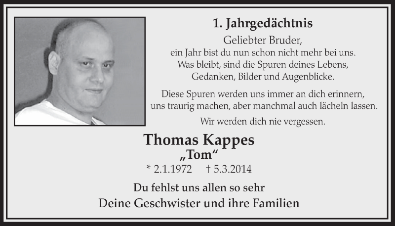  Traueranzeige für Thomas Kappes vom 11.03.2015 aus  Schlossbote/Werbekurier 