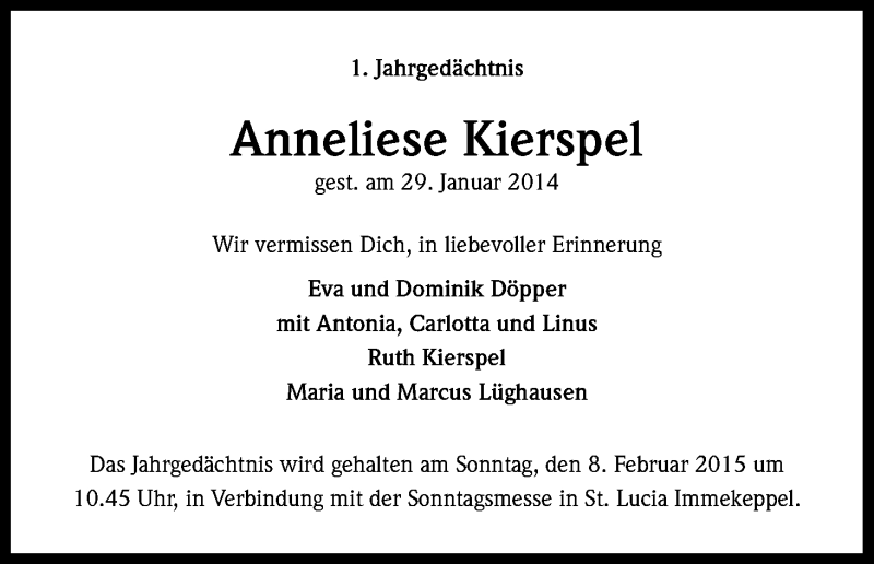  Traueranzeige für Anneliese Kierspel vom 29.01.2015 aus Kölner Stadt-Anzeiger / Kölnische Rundschau / Express